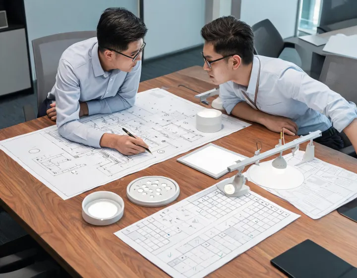 Project team reviewing luminaire samples and schedule