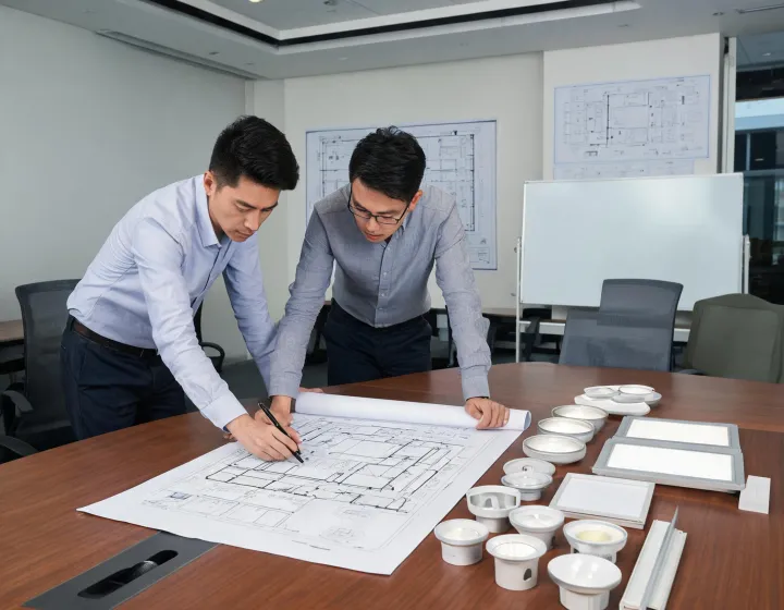 Lighting project team reviewing ceiling plans